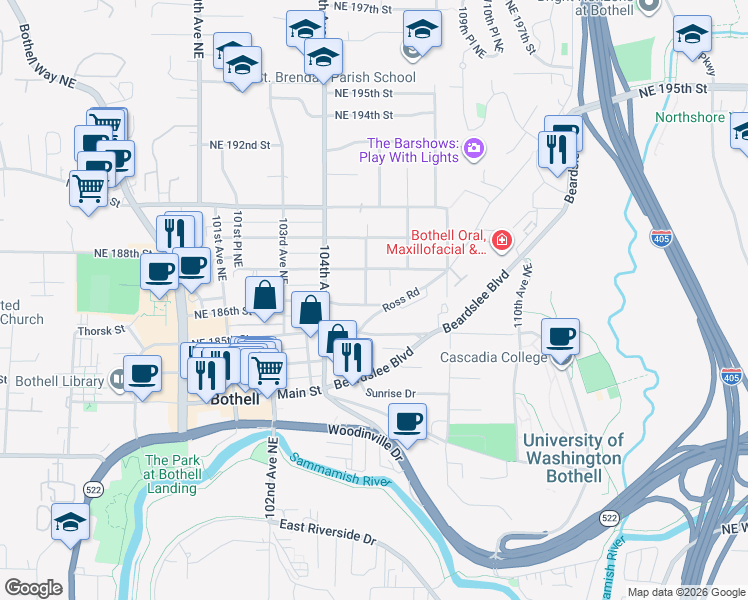 map of restaurants, bars, coffee shops, grocery stores, and more near 10511 Northeast 187th Street in Bothell