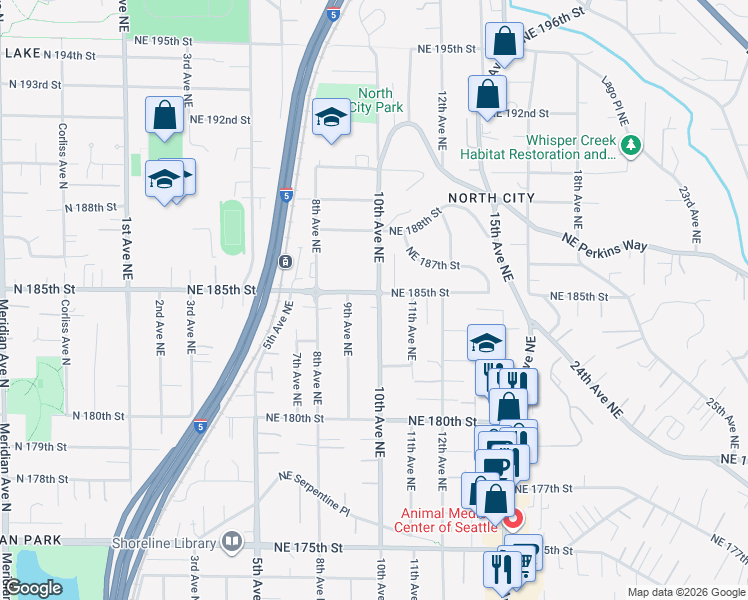 map of restaurants, bars, coffee shops, grocery stores, and more near 919 Northeast 185th Street in Shoreline