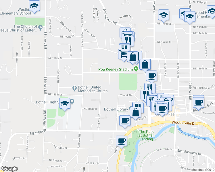 map of restaurants, bars, coffee shops, grocery stores, and more near 18603 95th Avenue Northeast in Bothell