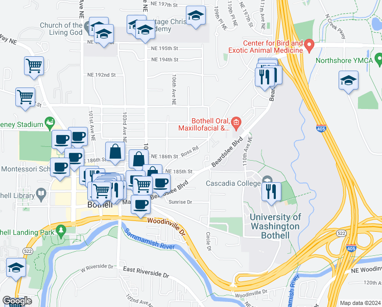 map of restaurants, bars, coffee shops, grocery stores, and more near 10707 Ross Road in Bothell