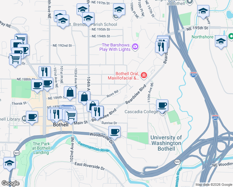 map of restaurants, bars, coffee shops, grocery stores, and more near 10715 Ross Road in Bothell