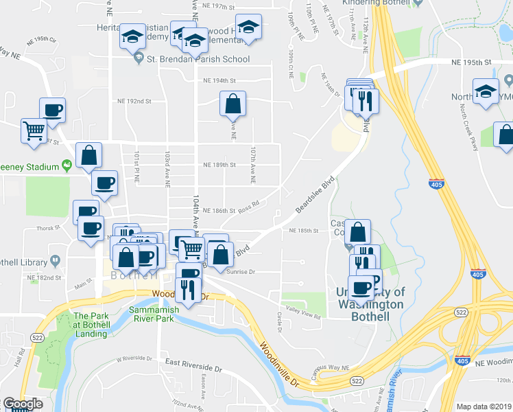 map of restaurants, bars, coffee shops, grocery stores, and more near 10715 Ross Road in Bothell