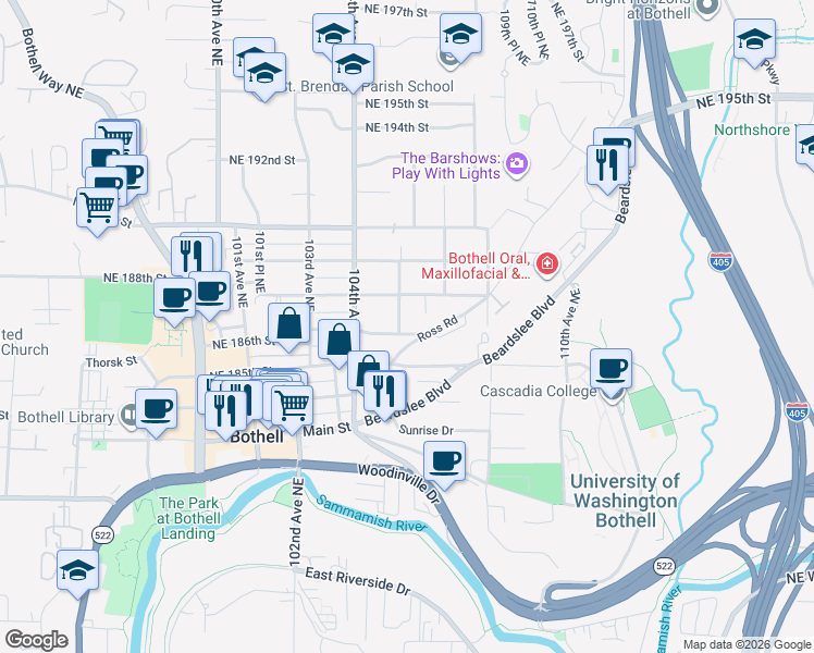 map of restaurants, bars, coffee shops, grocery stores, and more near 10511 Northeast 187th Street in Bothell