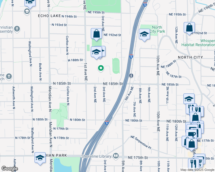 map of restaurants, bars, coffee shops, grocery stores, and more near in Shoreline
