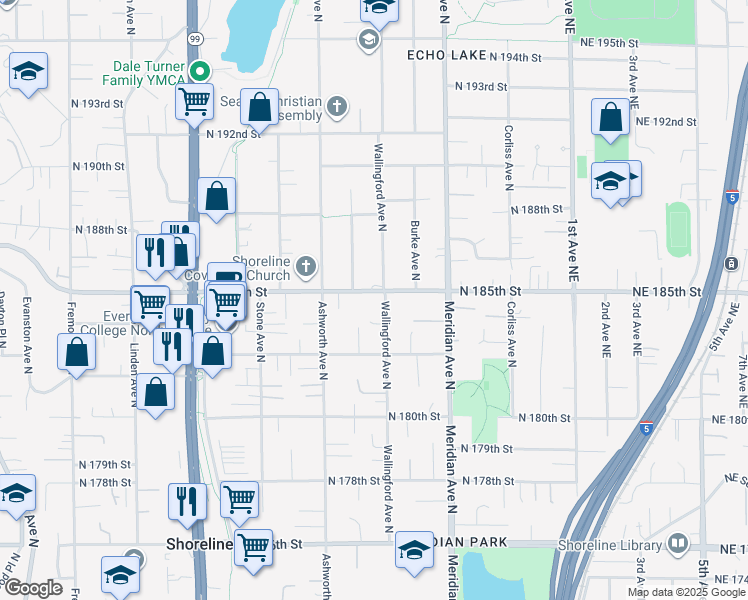 map of restaurants, bars, coffee shops, grocery stores, and more near 1707 North 185th Street in Shoreline