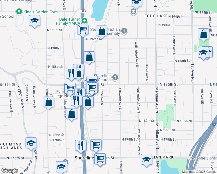 map of restaurants, bars, coffee shops, grocery stores, and more near 1335 Northeast 185th Street in Seattle