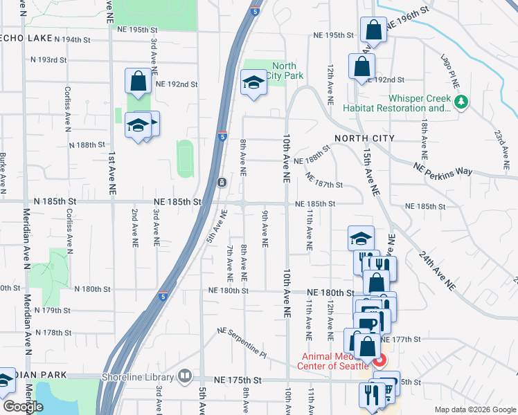 map of restaurants, bars, coffee shops, grocery stores, and more near 18353 9th Avenue Northeast in Shoreline