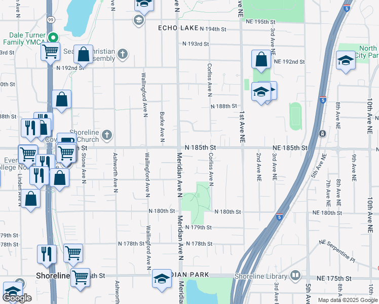 map of restaurants, bars, coffee shops, grocery stores, and more near 2117 North 185th Street in Shoreline