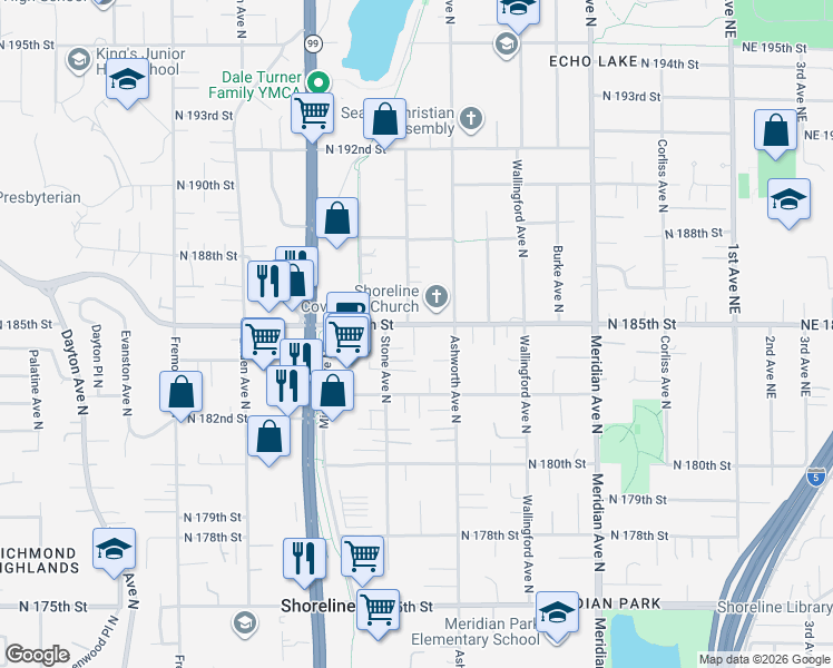 map of restaurants, bars, coffee shops, grocery stores, and more near 1327 North 185th Street in Shoreline