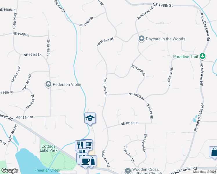 map of restaurants, bars, coffee shops, grocery stores, and more near 18520 194th Avenue Northeast in Woodinville