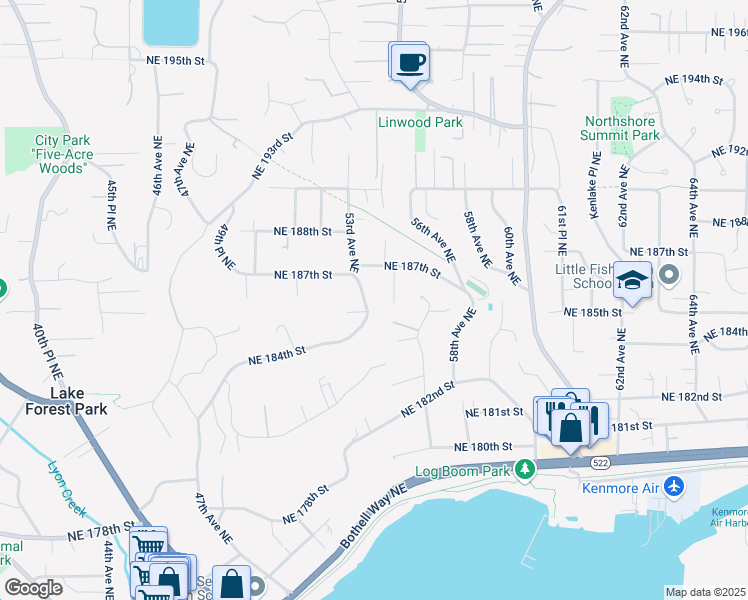 map of restaurants, bars, coffee shops, grocery stores, and more near 18504 53rd Avenue Northeast in Lake Forest Park