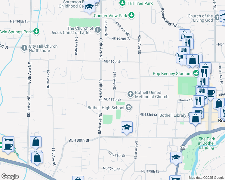 map of restaurants, bars, coffee shops, grocery stores, and more near 18601 89th Avenue Northeast in Bothell