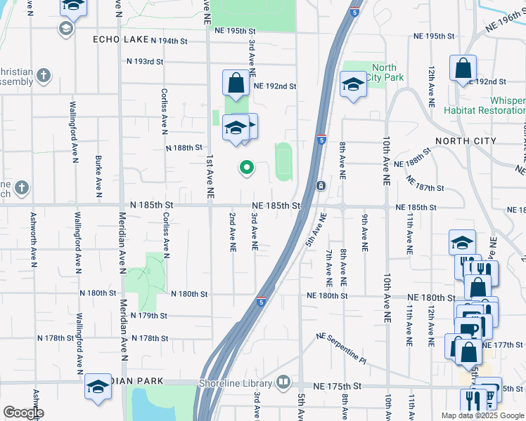 map of restaurants, bars, coffee shops, grocery stores, and more near in Shoreline