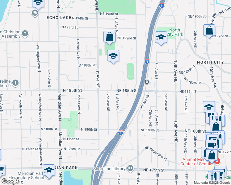 map of restaurants, bars, coffee shops, grocery stores, and more near in Shoreline