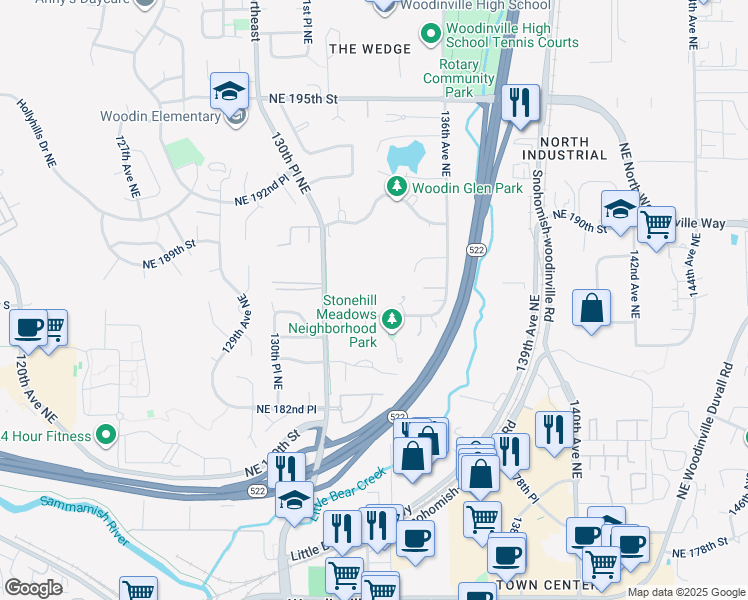map of restaurants, bars, coffee shops, grocery stores, and more near 13308 Northeast 186th Street in Woodinville