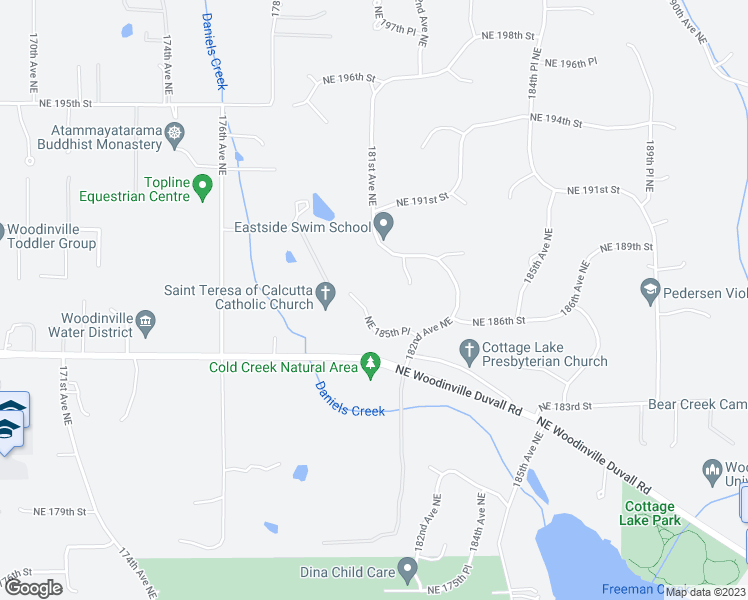map of restaurants, bars, coffee shops, grocery stores, and more near 18126 Northeast 185th Place in Woodinville
