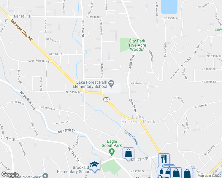 map of restaurants, bars, coffee shops, grocery stores, and more near 18500 37th Avenue Northeast in Lake Forest Park
