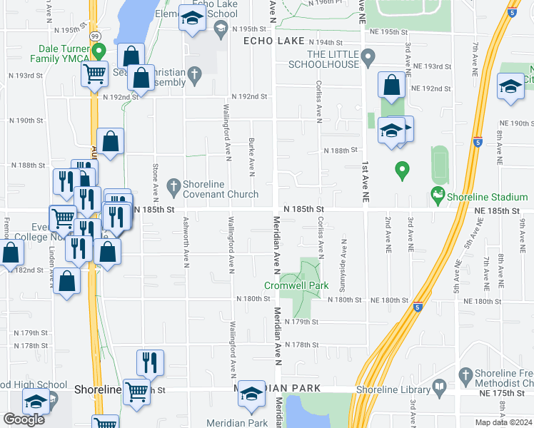 map of restaurants, bars, coffee shops, grocery stores, and more near 1851 North 185th Street in Shoreline