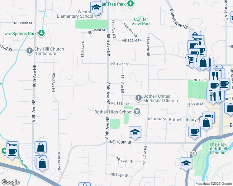 map of restaurants, bars, coffee shops, grocery stores, and more near 18601 89th Avenue Northeast in Bothell