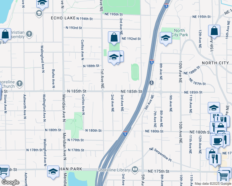 map of restaurants, bars, coffee shops, grocery stores, and more near 213 Northeast 185th Street in Shoreline