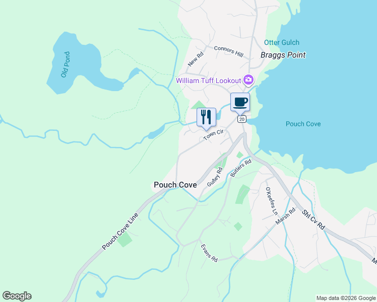 map of restaurants, bars, coffee shops, grocery stores, and more near 98 Town Circle in Pouch Cove