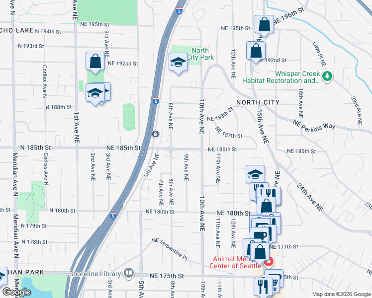 map of restaurants, bars, coffee shops, grocery stores, and more near 18353 9th Avenue Northeast in Shoreline