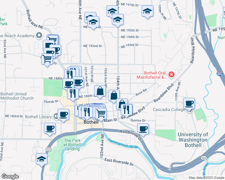 map of restaurants, bars, coffee shops, grocery stores, and more near 10324 Northeast 186th Street in Bothell