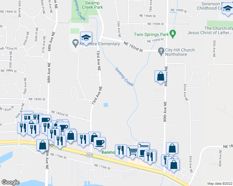 map of restaurants, bars, coffee shops, grocery stores, and more near 18510 73rd Avenue Northeast in Kenmore