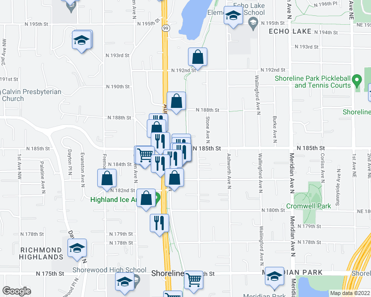 map of restaurants, bars, coffee shops, grocery stores, and more near North 185th Street in Shoreline