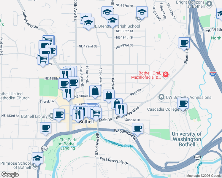 map of restaurants, bars, coffee shops, grocery stores, and more near 18607 104th Avenue Northeast in Bothell