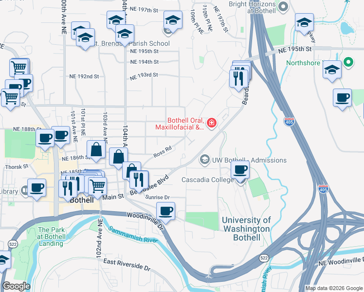 map of restaurants, bars, coffee shops, grocery stores, and more near 10735 Ross Road in Bothell