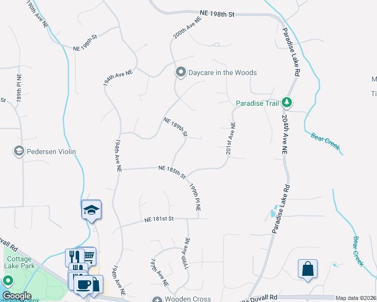 map of restaurants, bars, coffee shops, grocery stores, and more near 19932 Northeast 185th Street in Woodinville
