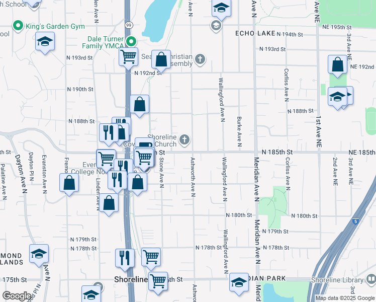 map of restaurants, bars, coffee shops, grocery stores, and more near 1335 Northeast 185th Street in Shoreline