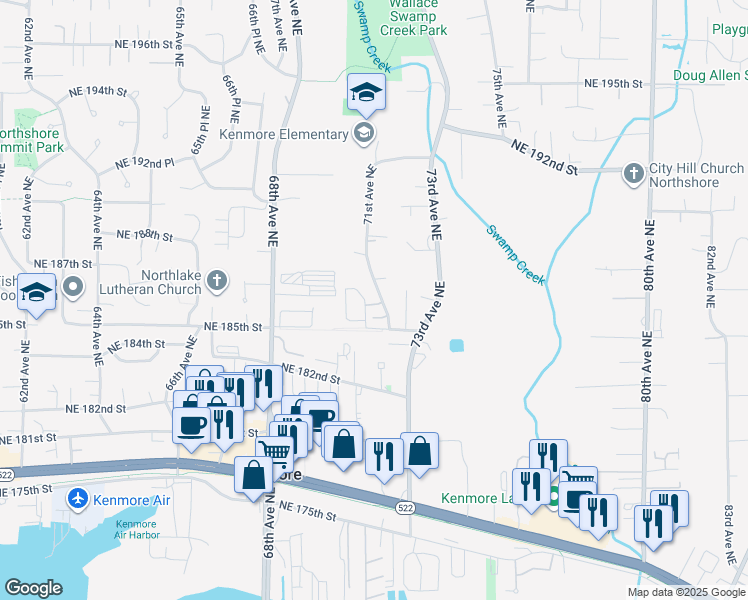 map of restaurants, bars, coffee shops, grocery stores, and more near 7000 Northeast 186th Place in Kenmore