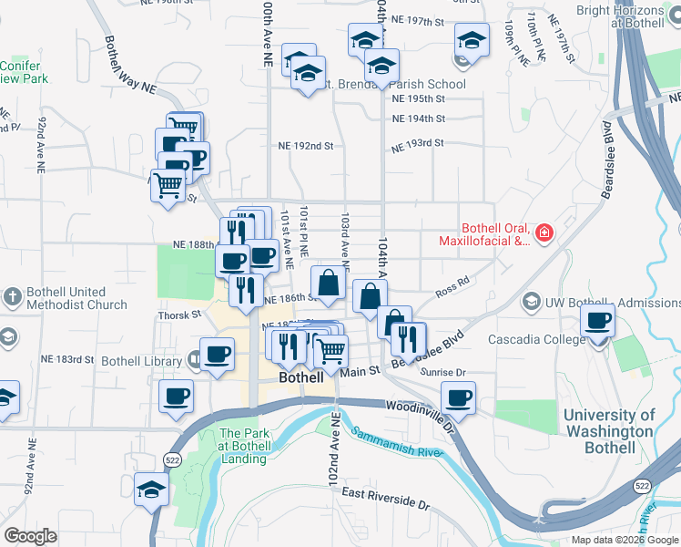 map of restaurants, bars, coffee shops, grocery stores, and more near 18609 103rd Avenue Northeast in Bothell