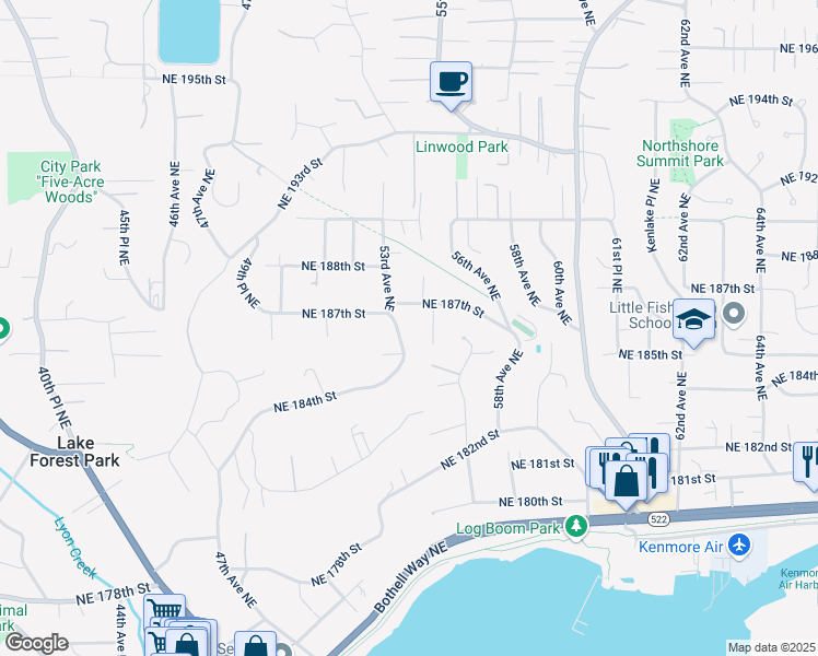 map of restaurants, bars, coffee shops, grocery stores, and more near 18504 53rd Avenue Northeast in Lake Forest Park