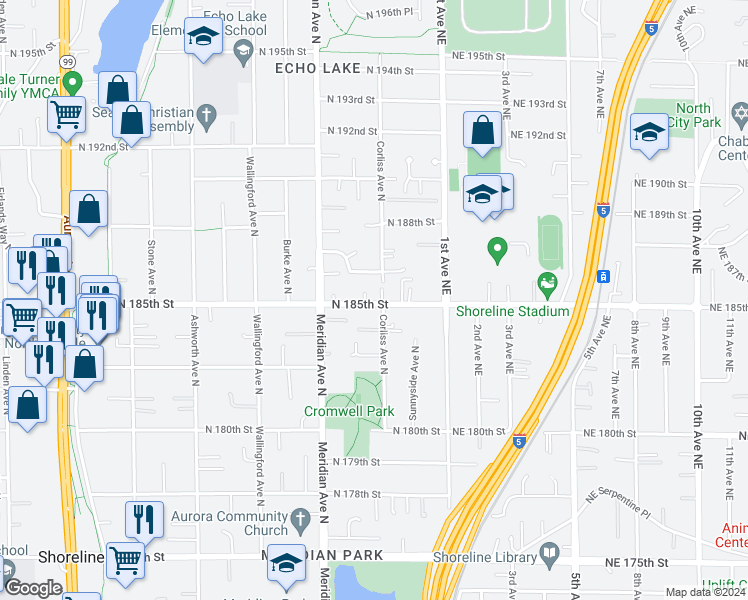 map of restaurants, bars, coffee shops, grocery stores, and more near 18423 Corliss Avenue North in Shoreline