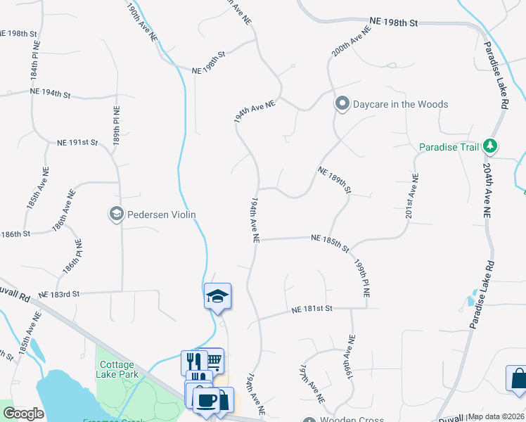 map of restaurants, bars, coffee shops, grocery stores, and more near 18520 194th Avenue Northeast in Woodinville