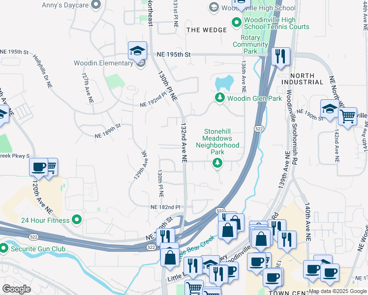 map of restaurants, bars, coffee shops, grocery stores, and more near 14315 Northeast 186th Place in Woodinville
