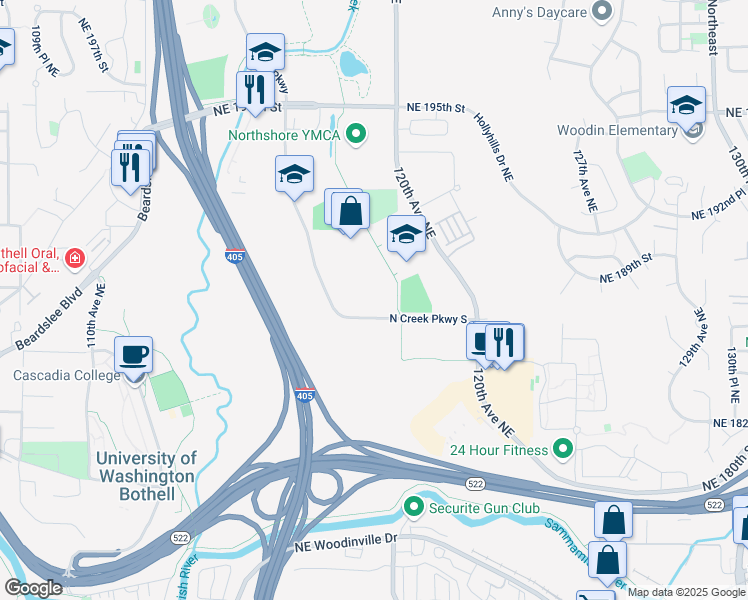 map of restaurants, bars, coffee shops, grocery stores, and more near 11804 North Creek Parkway South in Bothell