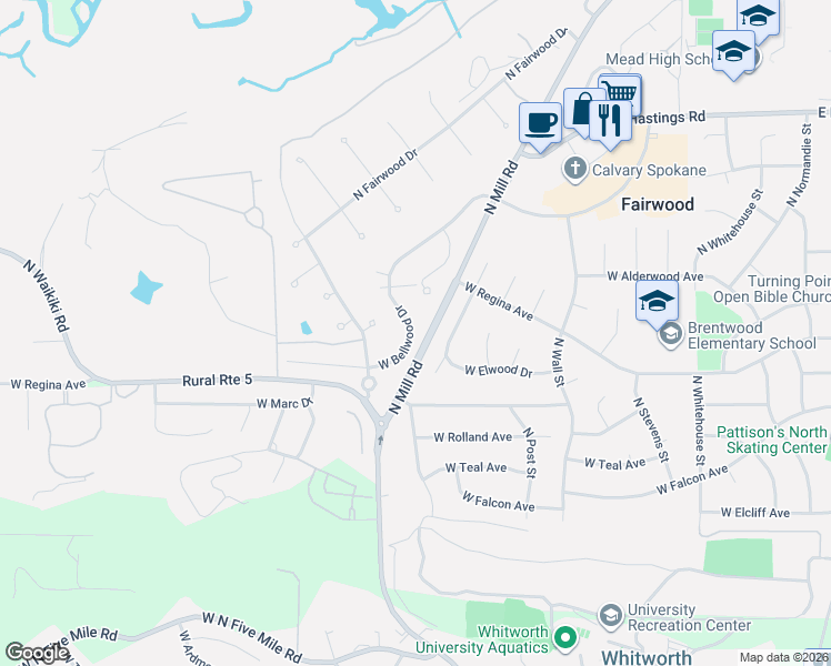 map of restaurants, bars, coffee shops, grocery stores, and more near 1224 West Bellwood Drive in Spokane