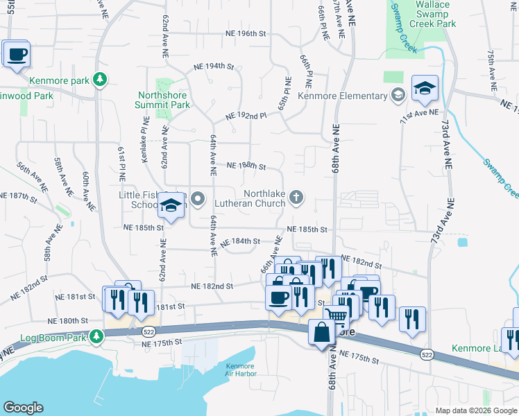 map of restaurants, bars, coffee shops, grocery stores, and more near 18511 64th Place Northeast in Kenmore