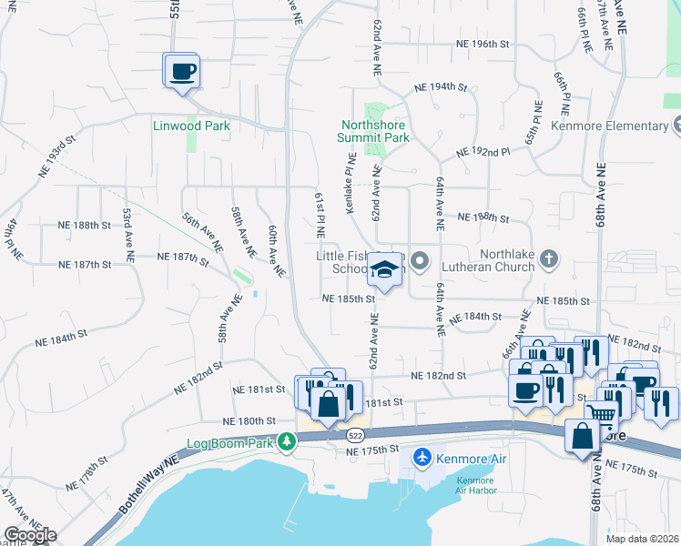 map of restaurants, bars, coffee shops, grocery stores, and more near 6160 Northeast 185th Street in Kenmore