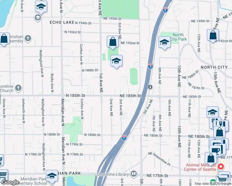 map of restaurants, bars, coffee shops, grocery stores, and more near 213 Northeast 185th Street in Shoreline