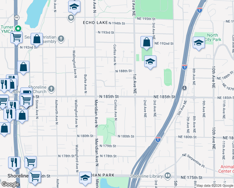 map of restaurants, bars, coffee shops, grocery stores, and more near 18423 Corliss Avenue North in Shoreline