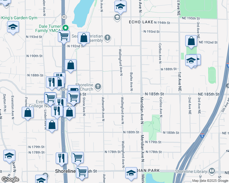 map of restaurants, bars, coffee shops, grocery stores, and more near 1707 North 185th Street in Shoreline