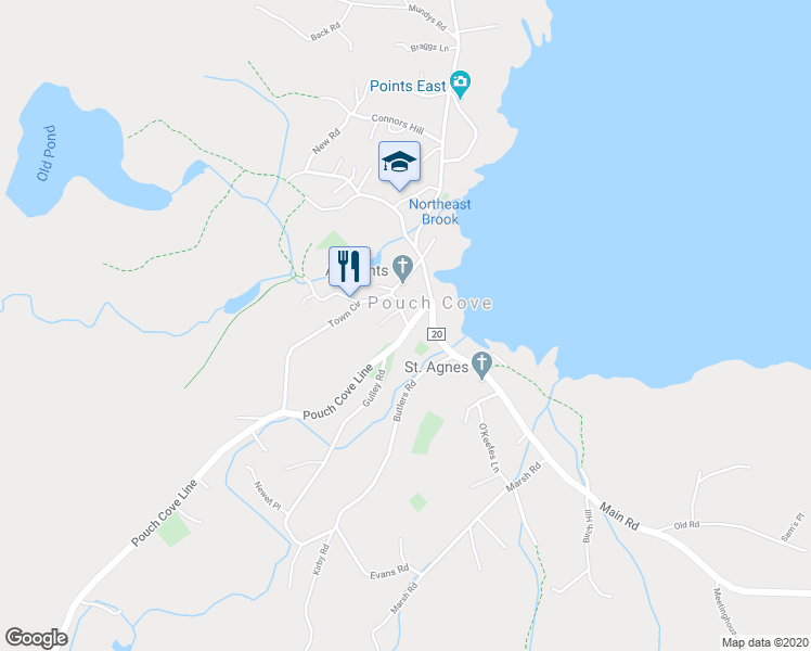 map of restaurants, bars, coffee shops, grocery stores, and more near 152 Town Circle in Pouch Cove