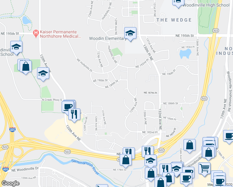 map of restaurants, bars, coffee shops, grocery stores, and more near 18801 127th Place Northeast in Bothell