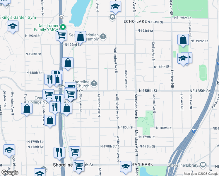map of restaurants, bars, coffee shops, grocery stores, and more near 1707 North 185th Street in Shoreline
