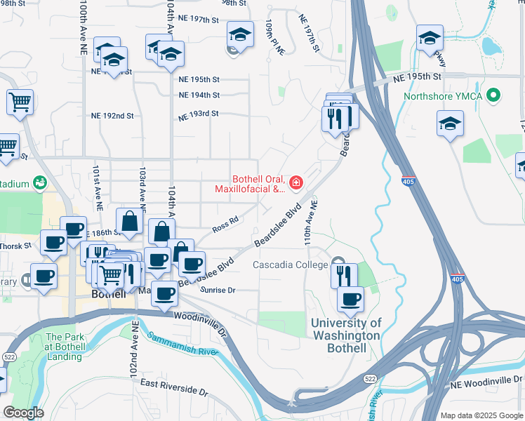 map of restaurants, bars, coffee shops, grocery stores, and more near 10803 Northeast 187th Street in Bothell